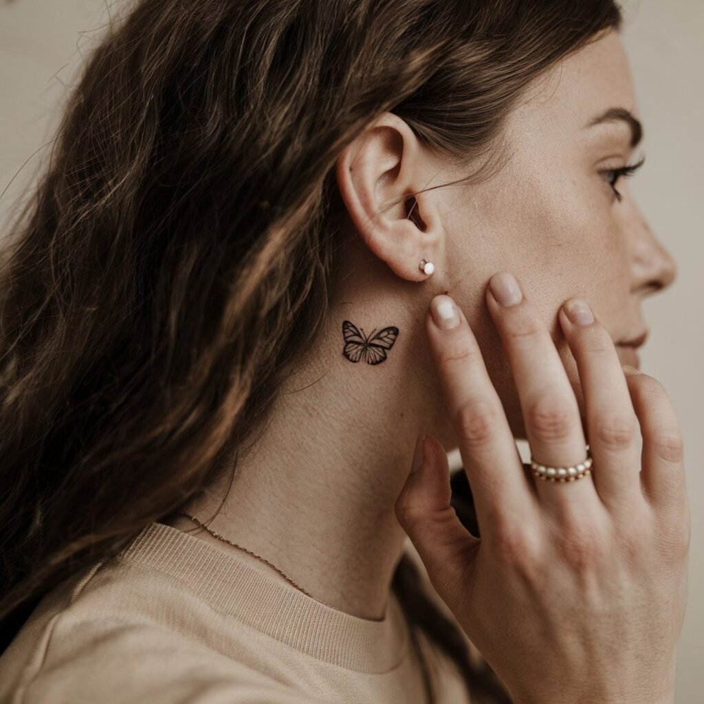 woman with tattoo of butterfly on neck. tattooedliverpool.com