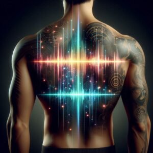 A futuristic tattoo design featuring minimalist soundwave tattoos with glowing effects, neo-traditional. tattooedliverpool.com