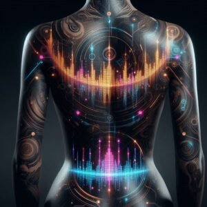 A futuristic tattoo design featuring minimalist soundwave tattoos with glowing effects tattooedliverpool.com